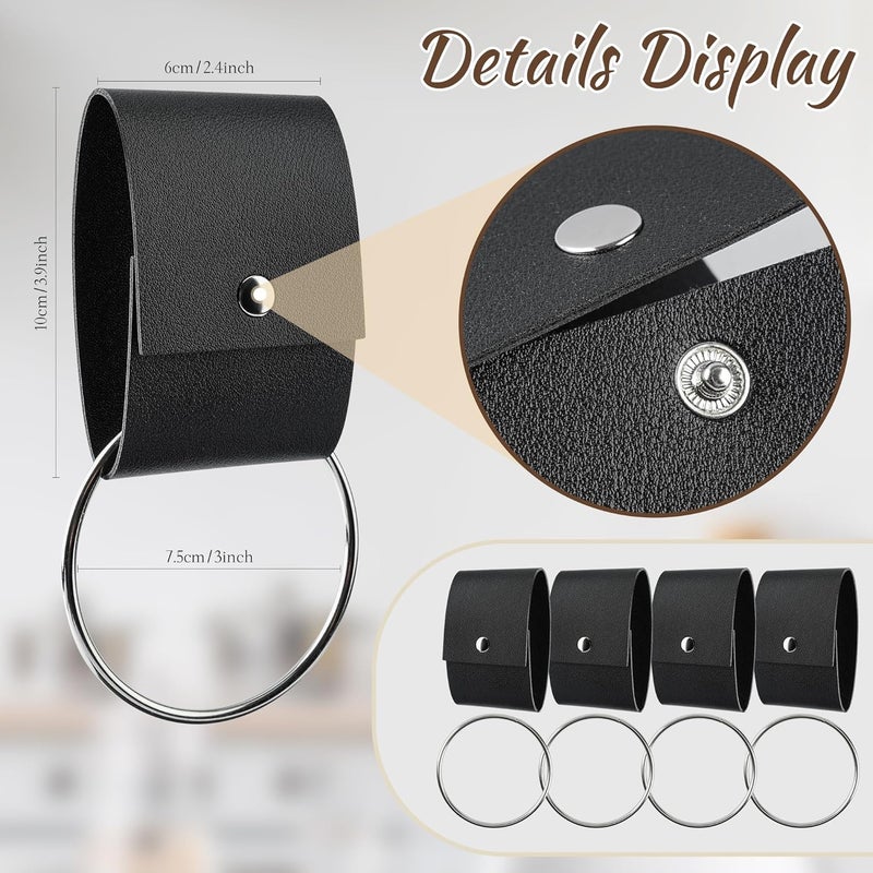 MISAKTEAM 4 PCS Leather & Metal Towel Ring Holder for Kitchen Dish Towels Holder with Loop Oven Door Hanger Gifts for Farmhouse Home Decor(Black) - Image 2